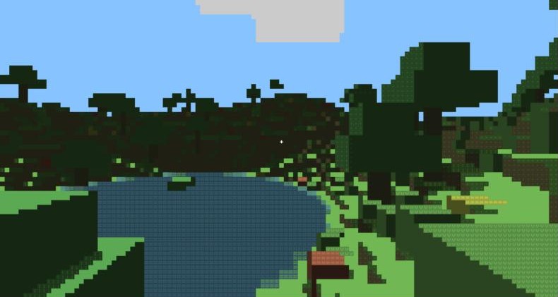 Primitiv Craft: a voxel landscape with a lake and trees, ray-cast into coloured character cells.